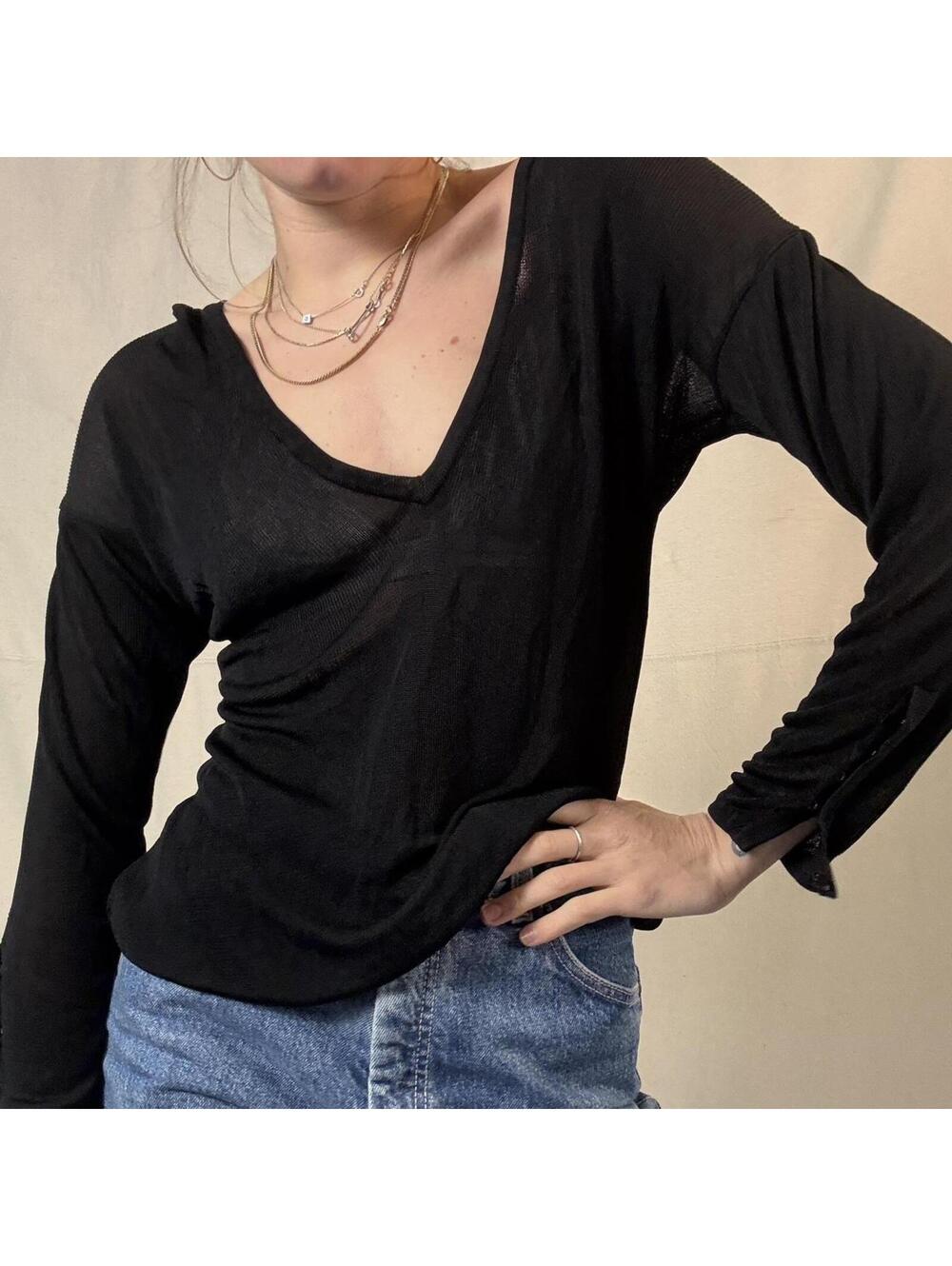 slinky sheer long sleeve v neck knit woven Women's Black pullover sweater Jumper